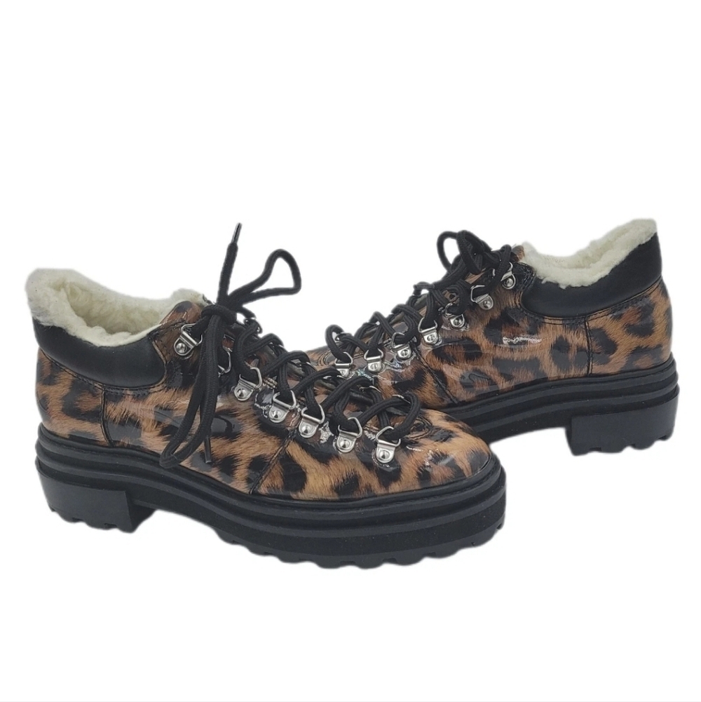 Schutz Lucille Leopard Patent Faux Shearling Ankle Boots 7B Lug Sole Block Heel - Picture 6 of 11